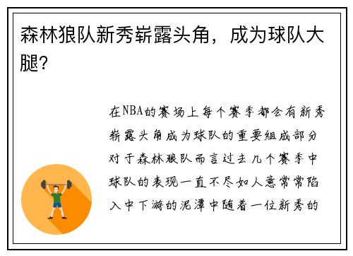 森林狼队新秀崭露头角，成为球队大腿？